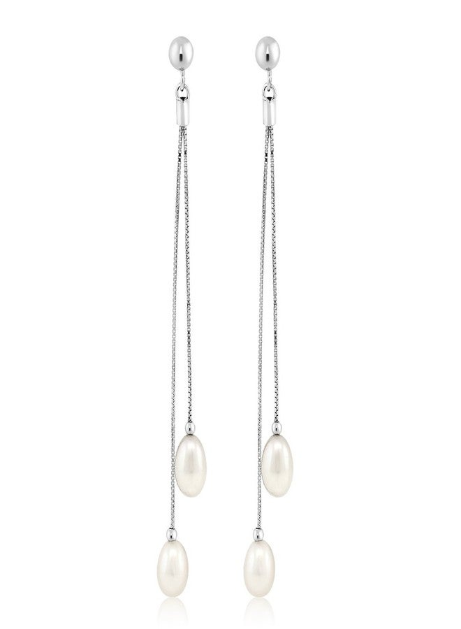 Gem Stone King Cultured Freshwater Pearl Drop Dangle Long Earrings For Women | 925 Sterling Silver | Pearl Size: 7-7.5MM | Length: 3 Inch | Fine Jewelry Gifts for Her Mom Women Wife - Image 3